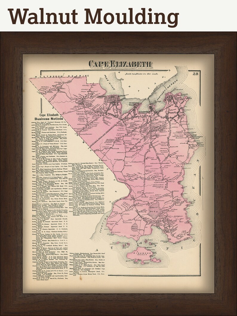 May include: A vintage map of Cape Elizabeth, Maine, printed in black and white with pink highlights. The map shows roads, towns, and landmarks. The text "Cape Elizabeth Business Notices" is printed in the upper left corner.
