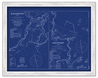 GLOUCESTER and ROCKPORT HARBORS, Massachusetts - 1909 Nautical Chart Blueprint by Geo. Eldridge