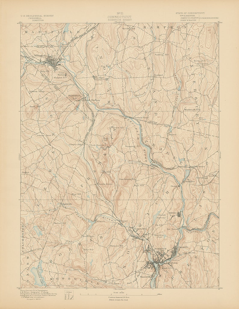 NORWICH WINDHAM and BOZRAH Connecticut 1893 Topographic Map Etsy