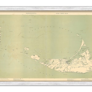 May include: A vintage map of Nantucket Island, Massachusetts, with a green background and brown lines showing roads and waterways. The map is titled "Massachusetts, Atlas Plate No. 18."