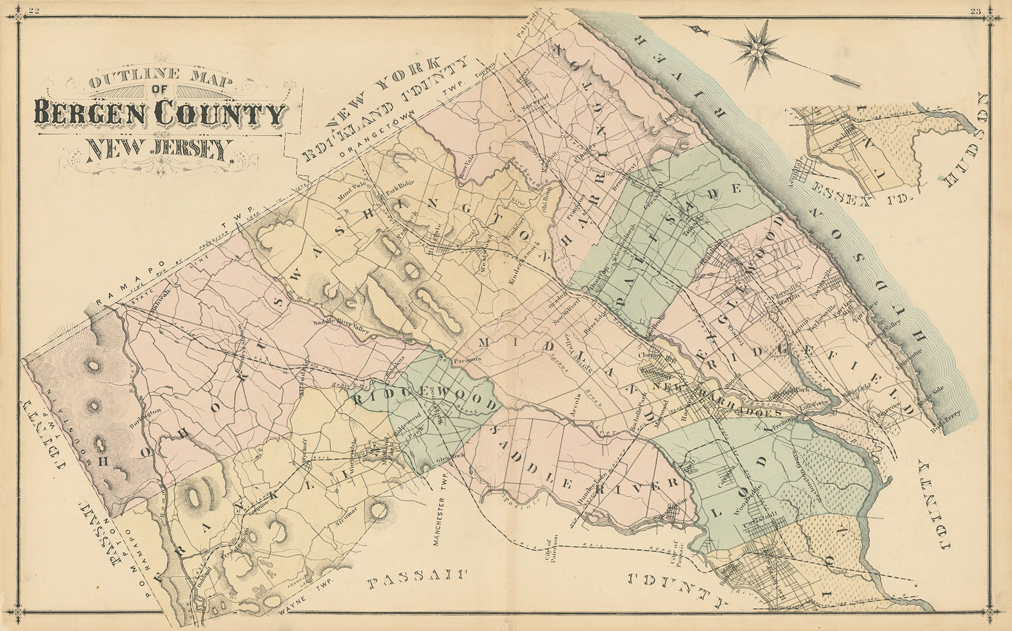 Bergen County, New Jersey 1876 Map Replica or GENUINE ORIGINAL