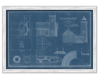 FRANKLIN ISLAND LIGHTHOUSE, Maine  -    Blueprint Drawing and Plan of the Lighthouse as it was in 1833.