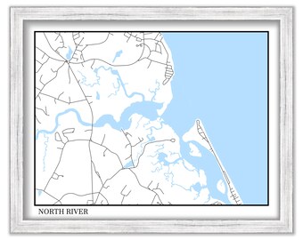 NORTH RIVER, Massachusetts - Minimalist Map on Blue
