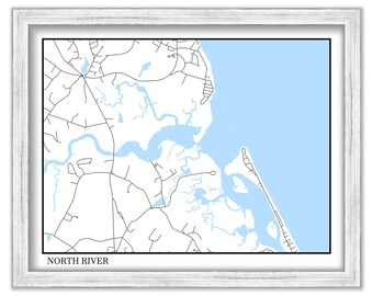 NORTH RIVER, Massachusetts - Minimalist Map on Blue