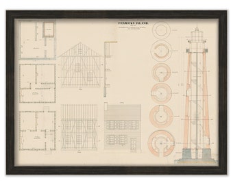 FENWICKS ISLAND LIGHTHOUSE, Delaware/Maryland  - Drawing and Plan of the Lighthouse as it was in 1857.