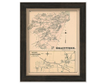 Town of BRAINTREE, Massachusetts 1876 Map - Replica or GENUINE ORIGINAL