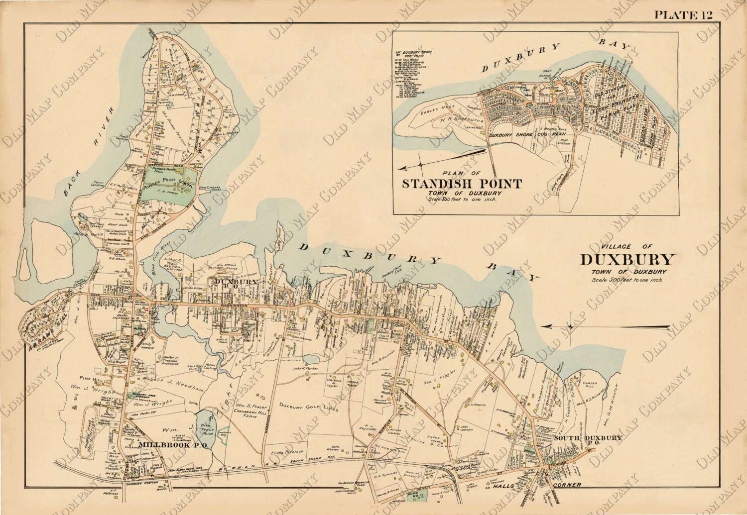Duxbury Massachusetts Village Map 1903 Colored Reproduction Etsy