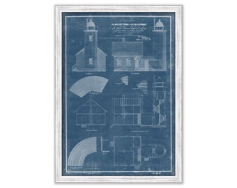 BAKER ISLAND LIGHTHOUSE, Maine  - Blueprint Drawing and Plan of the Lighthouse as it was in 1855.