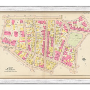 May include: A vintage map of Ward 5 in the City of Boston, Massachusetts. The map is printed in black, red, and yellow on a white background. The map shows the streets, blocks, and buildings of the ward. The map is labeled "PLATE 7" in the upper right corner.