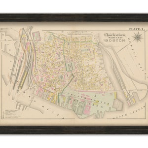 May include: An antique map of Charlestown, Wards 3, 4 & 5, Boston, Massachusetts. The map is printed in black, brown, pink, yellow, and green on a cream-colored background. The map shows streets, buildings, and waterways. The map is labeled "PLATE 5."