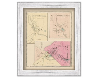 North Turner, Lisbon Plains and Sabattus, Androscoggin County, Maine 1873 Map, Replica or GENUINE Original