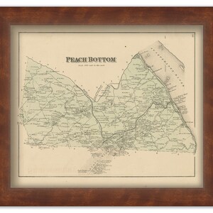 May include: An antique map of Peach Bottom, Pennsylvania, printed in black and white on a cream-colored paper. The map shows roads, rivers, and the names of towns and cities.
