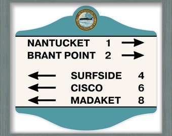 NANTUCKET DIRECTIONAL SIGN on Paper showing the mileage and direction to Nantucket Center, Brant Point, Surfside, Cisco and Madaket