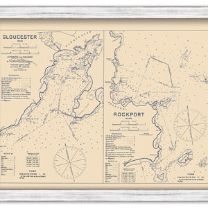May include: A vintage nautical chart of Gloucester and Rockport, Massachusetts. The chart is printed in blue ink on a cream background and includes details such as depth soundings, buoys, and navigational aids. The chart is titled "Gloucester, Mass." and "Rockport, Mass."