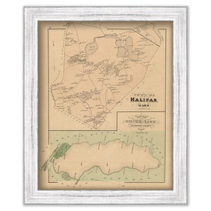 May include: A framed vintage map of Halifax, Massachusetts, and Silver Lake, Plymouth County. The map is in sepia tones with black text and lines, set within a distressed white wooden frame. The map details the town's layout.