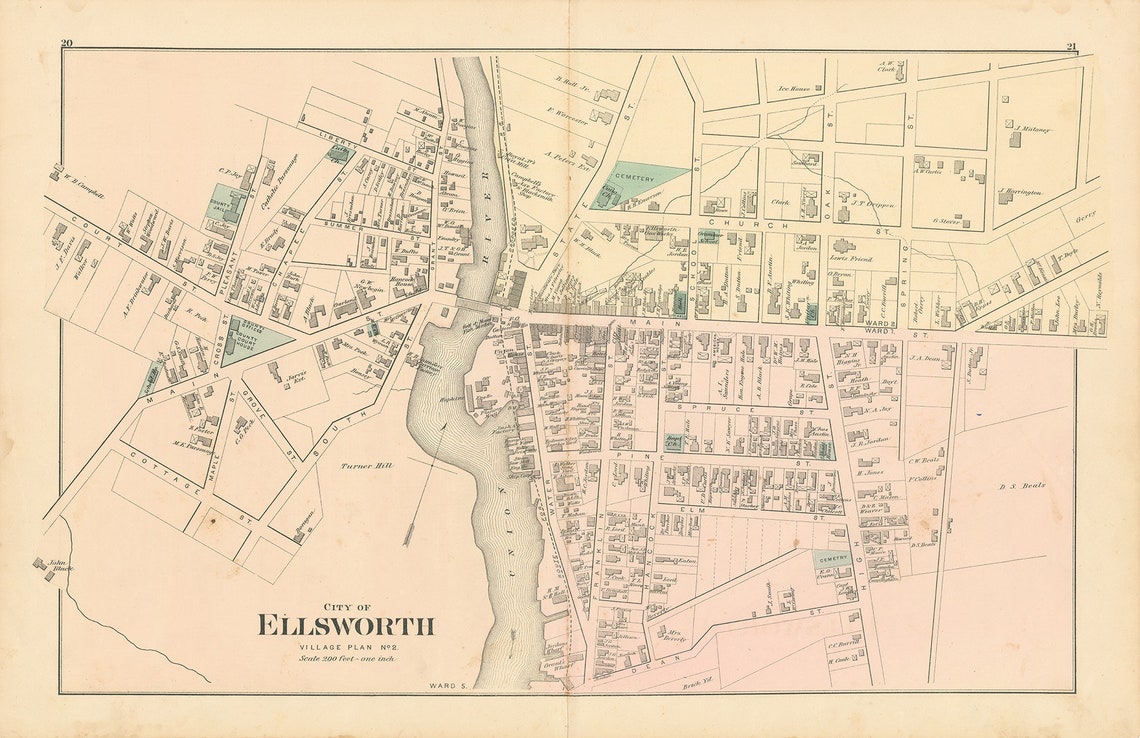 1881 map replica of Ellsworth, Maine