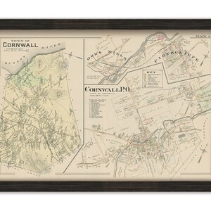 May include: An antique map of Cornwall, Connecticut, showing the town's layout and surrounding areas. The map is printed in black and white with some colored details. The map includes a key and a list of locations within the town.