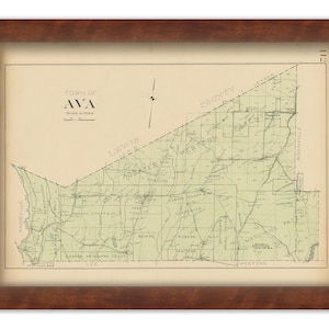May include: A vintage map of the Town of Ava, New York, showing the surrounding towns and counties. The map is printed on a cream-colored paper with green lines and text.