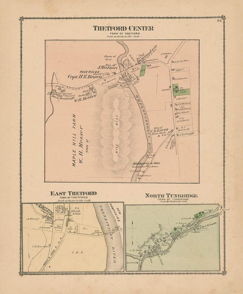 Villages of THETFORD and TUNBRIDGE Vermont 1877 Map Replica Etsy