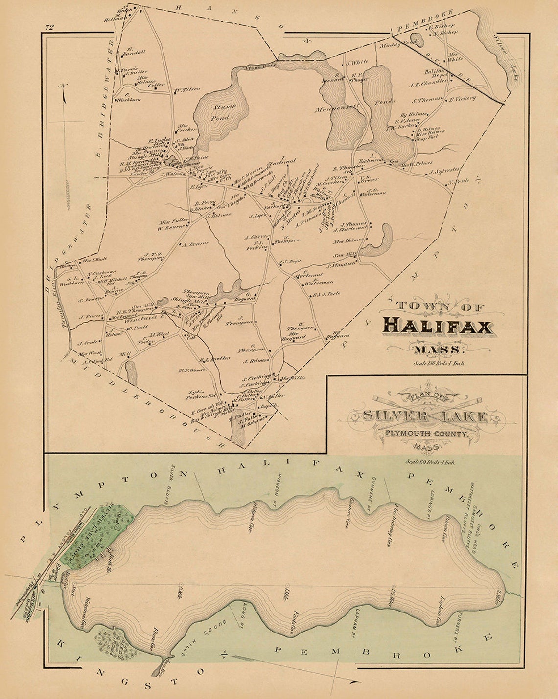 TOWN of HALIFAX Massachusetts Map 1879Colored Reproduction Etsy