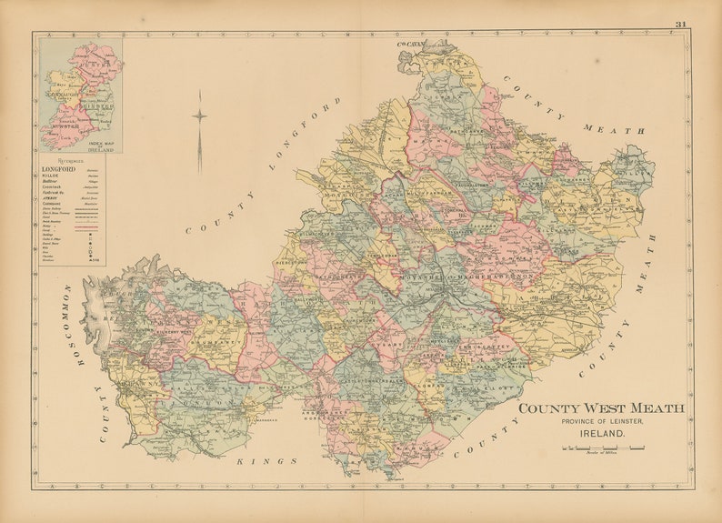 COUNTY WEST MEATH Ireland 1901 Map Replica or Genuine Etsy