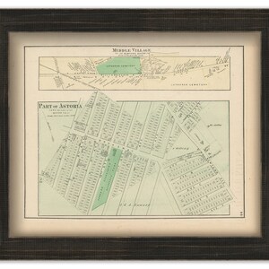 May include: An antique map of part of Astoria, Long Island City, Queens County, New York. The map shows street names and lot numbers. The map is printed on a cream-colored paper and has a green border.