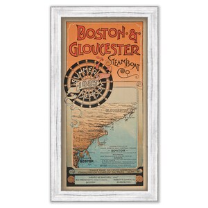 May include: Vintage travel poster advertising the Boston & Gloucester Steamboat Co. for the 1889 summer season. The poster features a map of the coastline with the text "Boston & Gloucester Steamboat Co. Summer 1889 Season".
