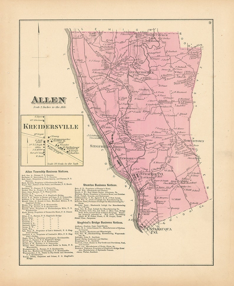 ALLEN Township Pennsylvania 1872 Map Replica or GENUINE Etsy