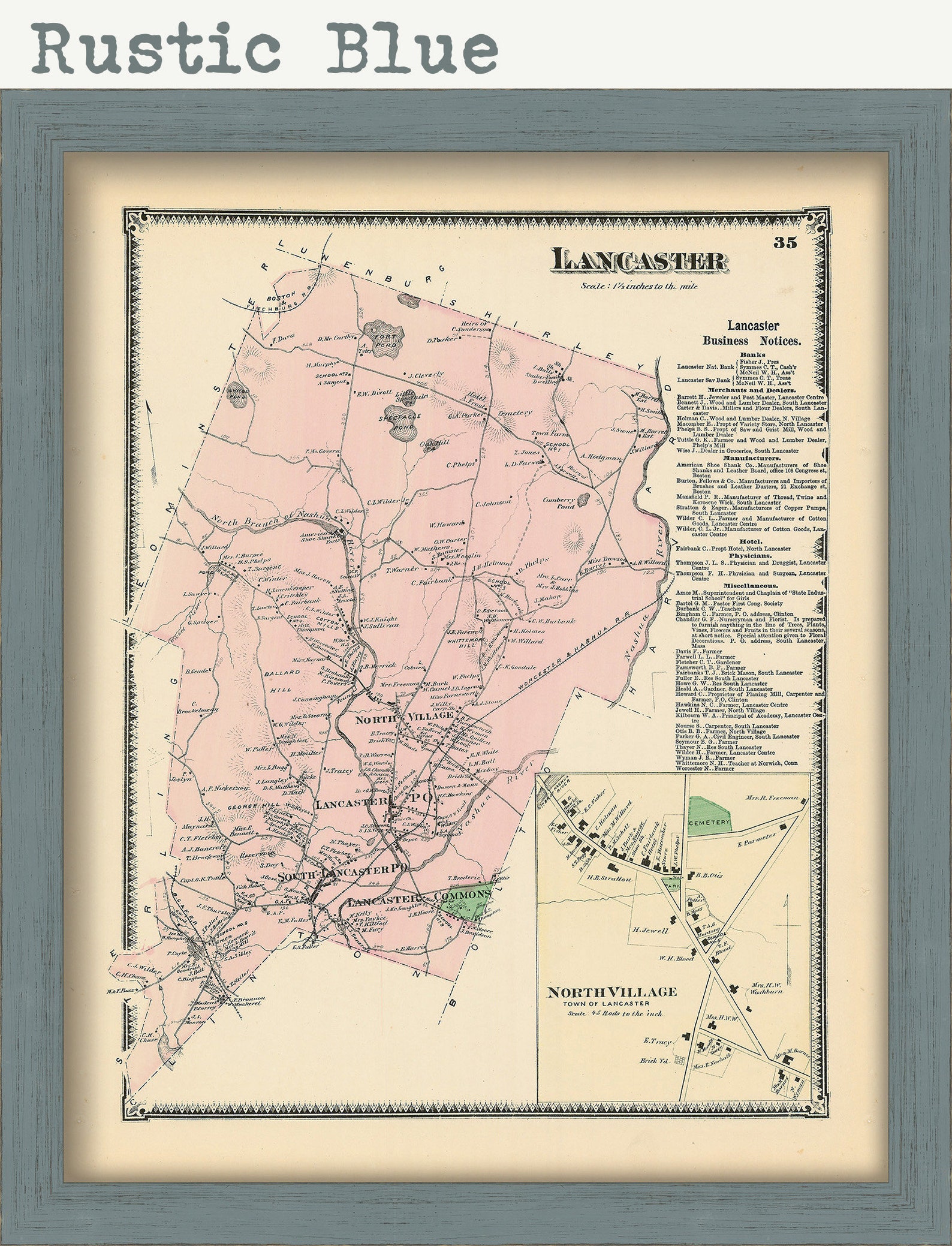 Town of LANCASTER Massachusetts 1870 Map Etsy