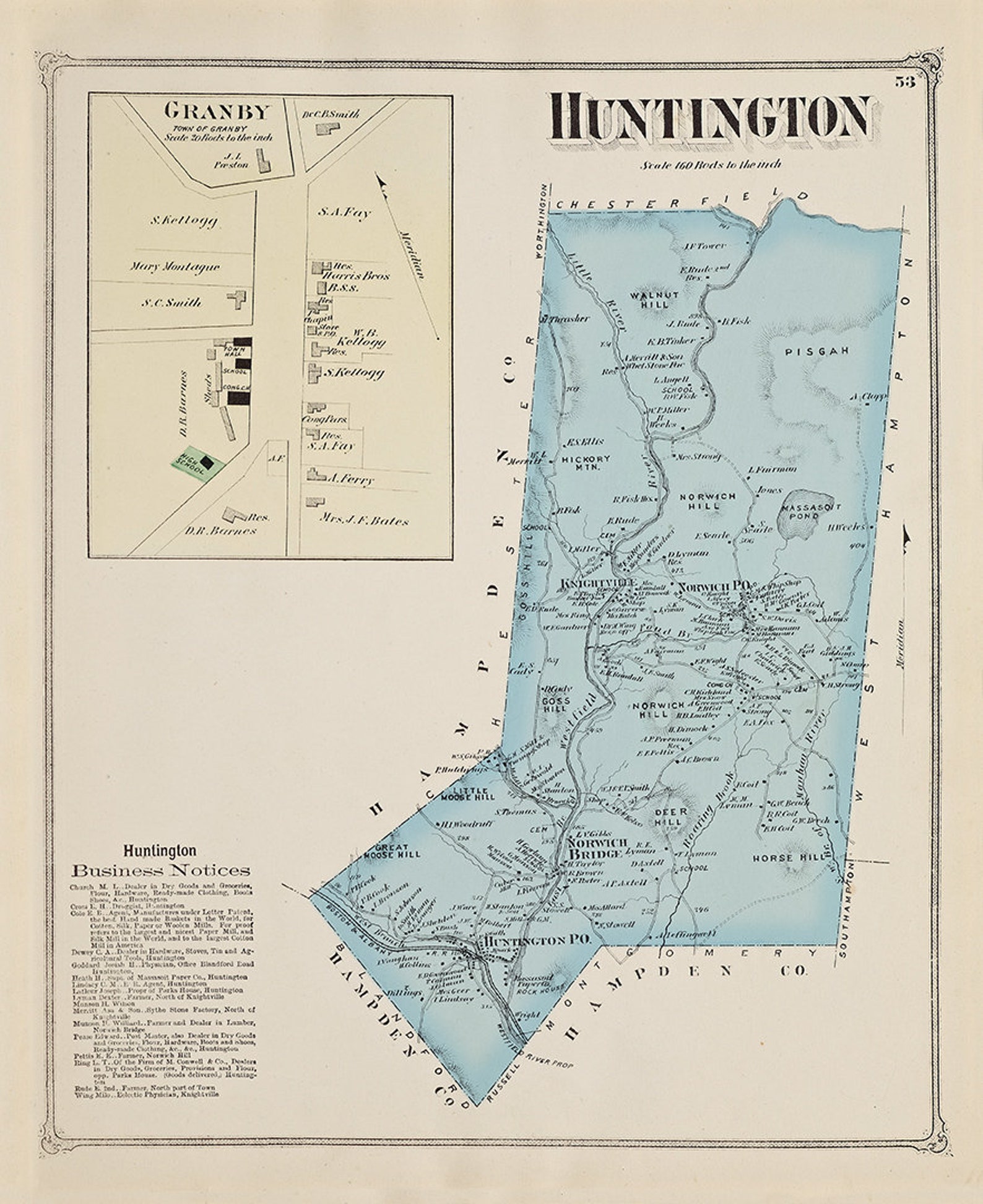 Town of HUNTINGTON Massachusetts 1873 Map Etsy