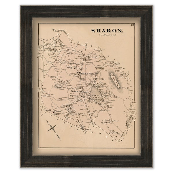 Town of SHARON, Massachusetts 1876 Map - Replica or GENUINE ORIGINAL