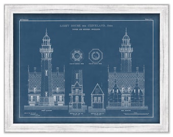 CLEVELAND LIGHTHOUSE, Cleveland, Ohio  - Blueprint Drawing and Plan of the Lighthouse as it was in 1870.