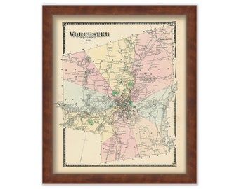WORCESTER, Massachusetts 1870 Map