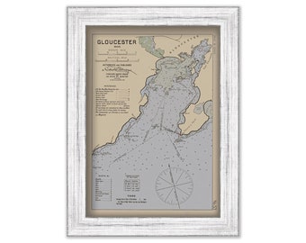 GLOUCESTER HARBOR, Massachusetts - 1909 Nautical Chart by George W. Eldridge Colored Version