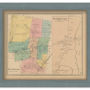 May include: An antique map of West Hartford, Connecticut, divided into districts. The map is printed on paper and framed in a light blue frame. The map shows the different districts of West Hartford, including the North West District, West District, Center District, Prospect Hill District, North District, South District, and East District.
