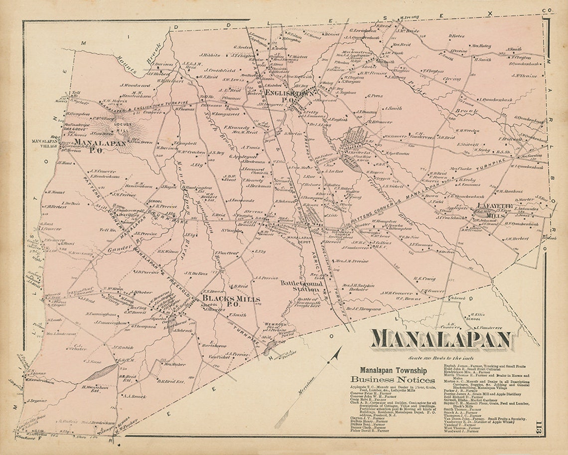 MANALAPAN New Jersey 1873 Map Replica or Genuine ORIGINAL Etsy