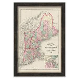 May include: An antique map of New England, printed in black, red, and green ink. The map shows the states of Maine, New Hampshire, Vermont, Massachusetts, Rhode Island, and Connecticut. The map is titled "Walling & Gray's Map of New England, New York & Canada, 1855."