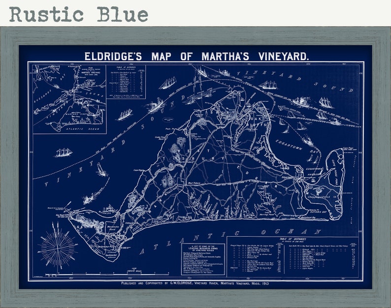 May include: A vintage map of Martha's Vineyard, printed in white on a dark blue background. The map shows the island's coastline, towns, and roads. The title "Eldridge's Map of Martha's Vineyard" is printed at the top of the map. The map is dated 1913.