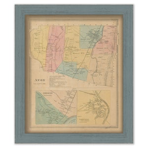 May include: An antique map of Avon, Connecticut, showing the town's districts and surrounding areas. The map is printed in black and white with colored borders and includes a key for the different districts. The map is framed in a light blue frame.