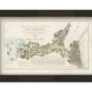 May include: An antique map of the coast of Massachusetts, showing the area between Buzzards Bay and Barnstable Bay. The map is dated 1825 and includes the text "Survey and Plan of the Coast of Cape Cod, State of Massachusetts, from the Town of Sandwich to a proposed Canal between Buzzards & Barnstable Bays, 1825."