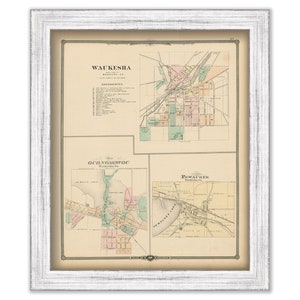 WAUKESHA, OCONOMOWOC and PEWAUKEE, Wisconsin 1878 Map, Replica or Genuine Original