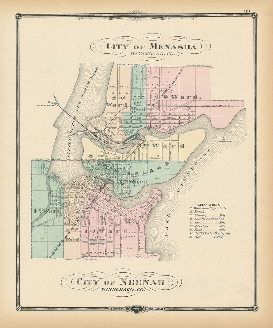 MENASHA and NEENAH Wisconsin 1878 Map Replica or Genuine Etsy