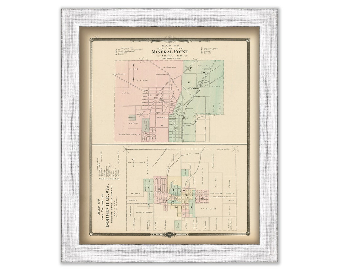 MINERAL POINT and DODGEVILLE, Wisconsin 1878 Map, Replica or Genuine