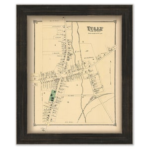 May include: An antique map of Tully, New York, showing the town's layout with streets, buildings, and landmarks. The map is printed on cream-colored paper and framed in a black wood frame.
