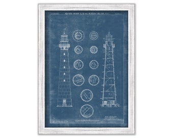 HUNTING ISLAND LIGHTHOUSE, South Carolina  -  Blueprint Drawing and Plan of the Lighthouse as it was in 1873.