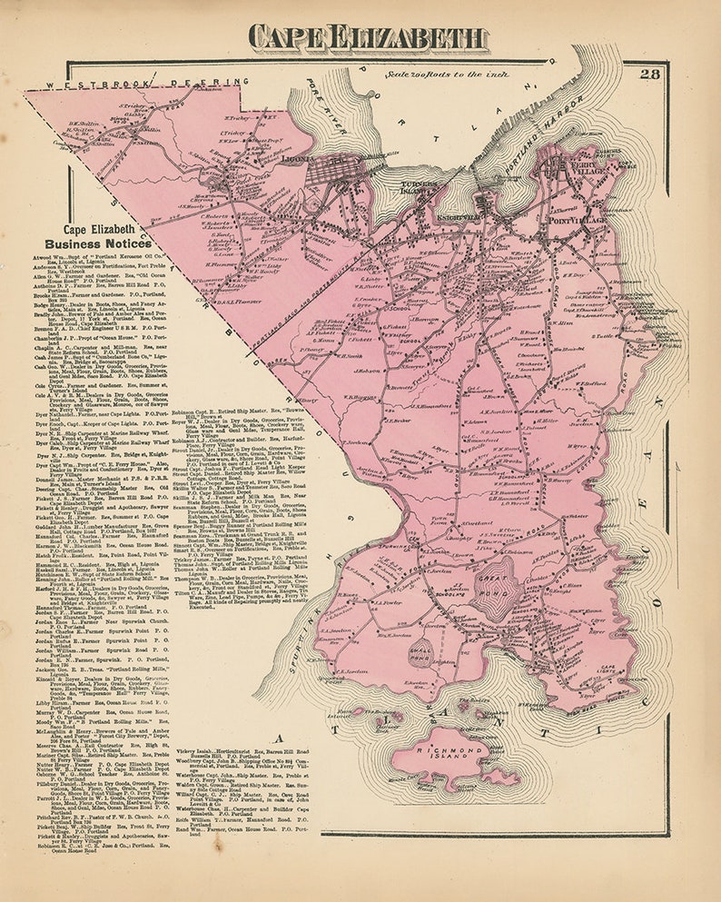 May include: A vintage map of Cape Elizabeth, Maine, with a pink background and black lines showing roads and waterways. The map includes the text "Cape Elizabeth" and "Business Notices" with a list of businesses and their addresses.