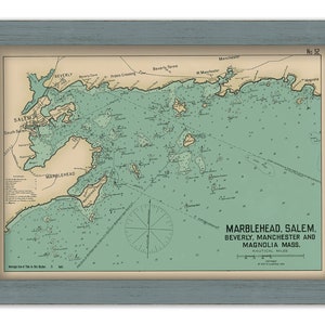 May include: A vintage nautical chart of the coast of Massachusetts, showing the locations of Marblehead, Salem, Beverly, Manchester, and Magnolia. The chart is printed on a light blue background with green and brown accents. The chart includes a compass rose and a scale bar.