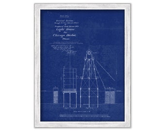 CHICAGO HARBOR LIGHTHOUSE, Illinois  - Blueprint Drawing and Plan of the Lighthouse in 1854