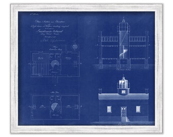 GARDINIER ISLAND LIGHTHOUSE, Long Island, New York - Blueprint Drawing and Plan of the Lighthouse circa 1835