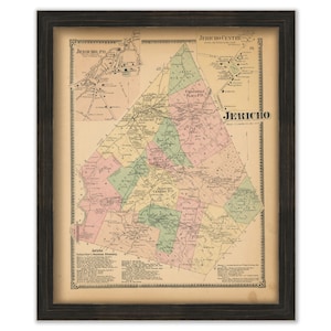 May include: An antique map of Jericho, New York, showing the town's layout and surrounding areas. The map is printed on aged paper and features a color-coded key for different land types. The title "Jericho" is printed in bold at the bottom center of the map.